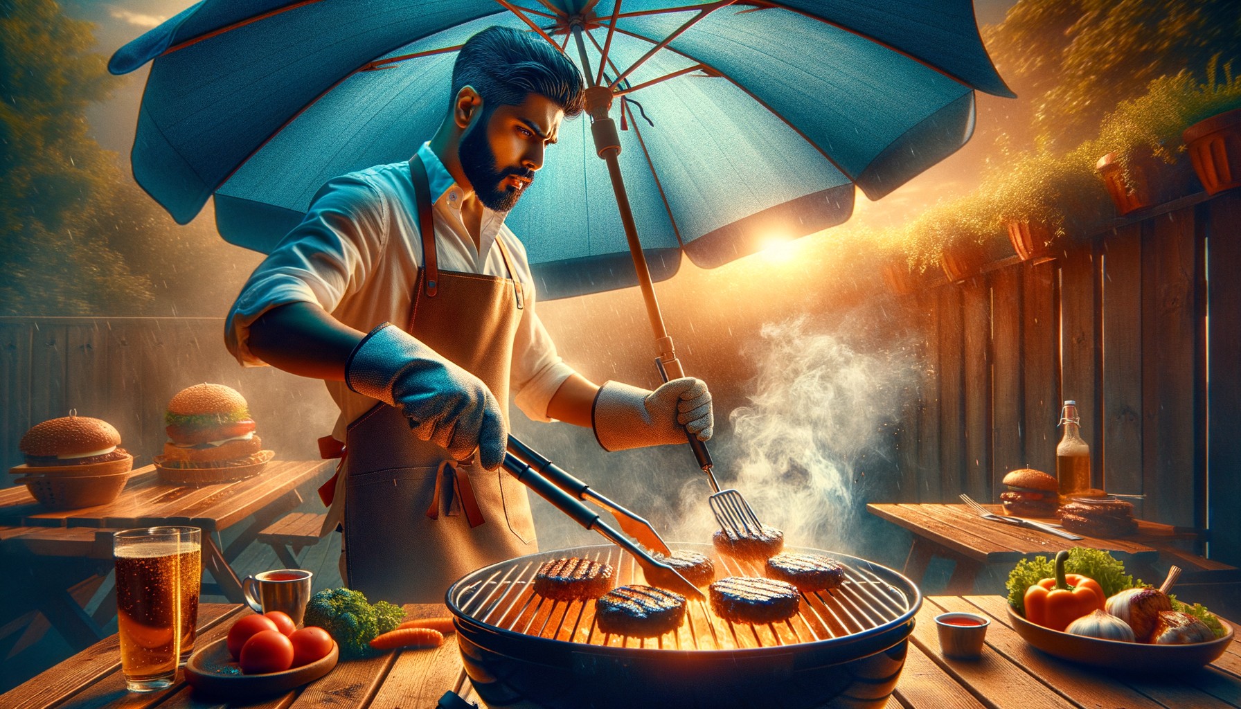Action Shot: Grilling Under Cool Blue Umbrella
