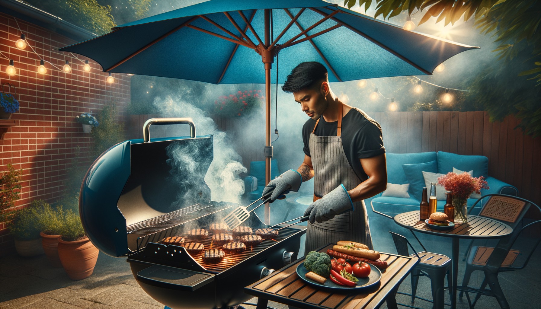 Action Shot: Grilling Under Cool Blue Umbrella
