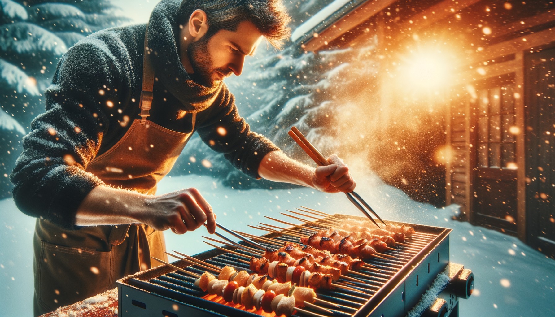 Grilling Action Shot in a Winter Setting